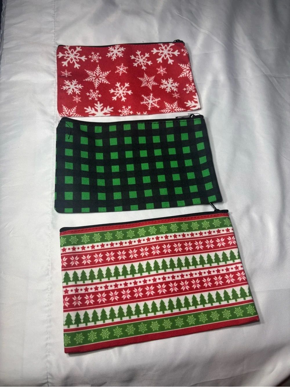 3 New Set of 3 Holiday Zipper Pouches - Red, Green, Black